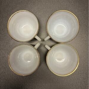 Set of 4 Vintage Fire King Milk Glass Gold Trim Swirl Pattern Coffee Cups